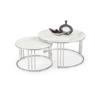 COFFEE TABLES MERCURY 2, SET OF 2 PCS. FRAME - SILVER, GLASS - WHITE MARBLE